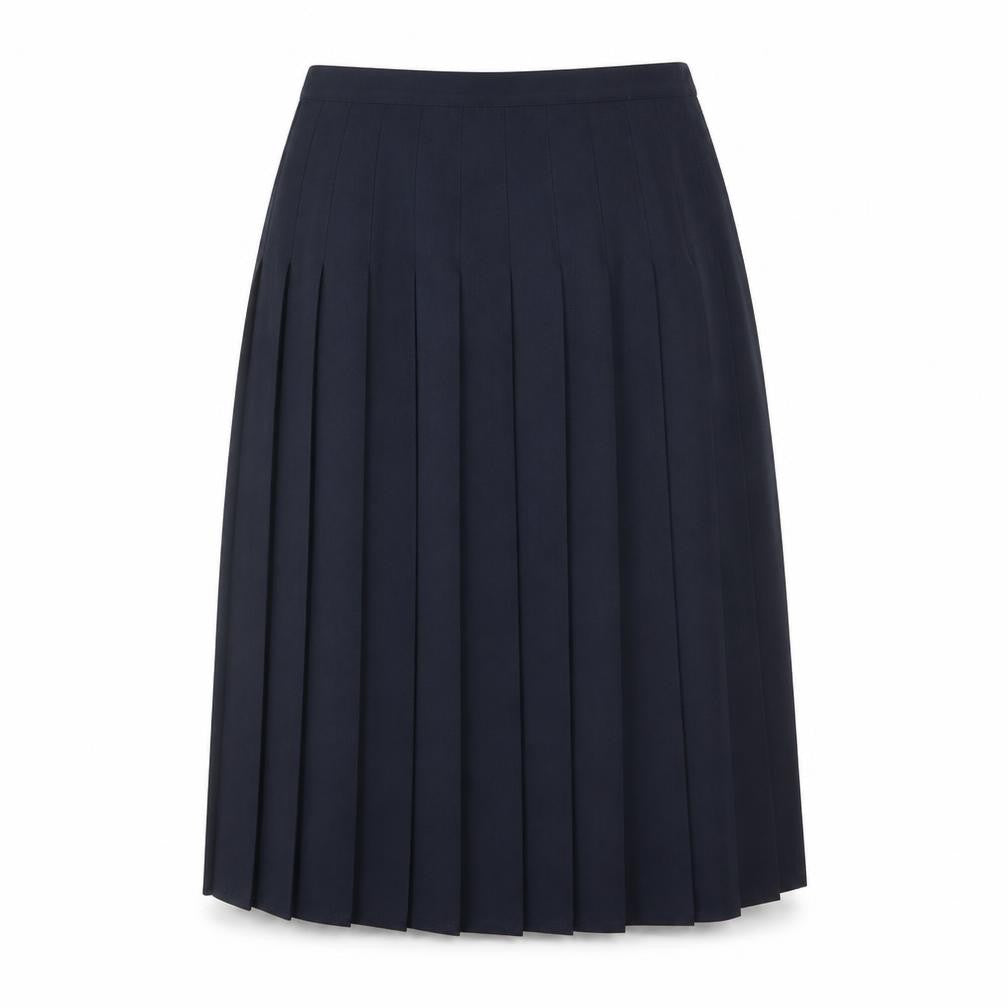 Front view of Essentials women’s blue polyester pleated skirt, size UK 32, in zip