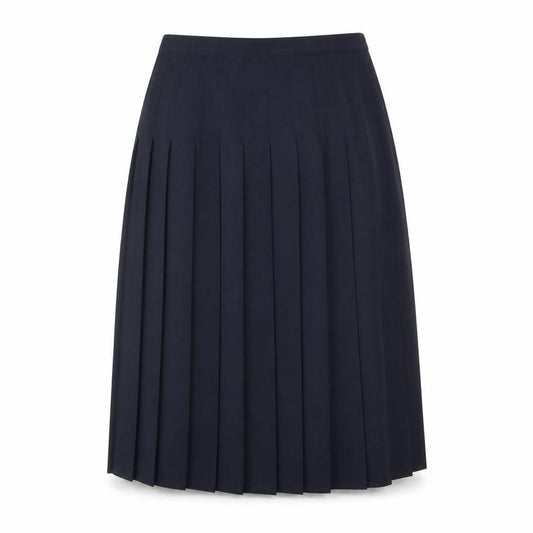 Front view of Essentials women’s blue polyester pleated skirt, size UK 32, in zip