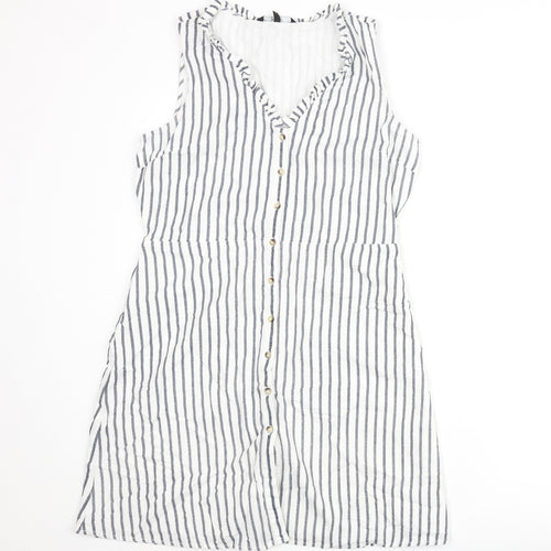 Vera Moda Womens White Striped Cotton Shift Size L V-Neck Button - Frill