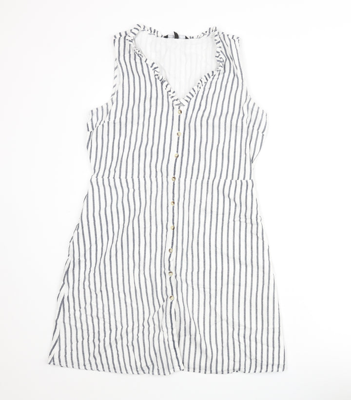 Vera Moda Womens White Striped Cotton Shift Size L V-Neck Button - Frill