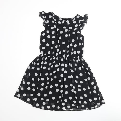 NEXT Womens Black Polka Dot Polyester Fit & Flare Size 8 Scoop Neck Button