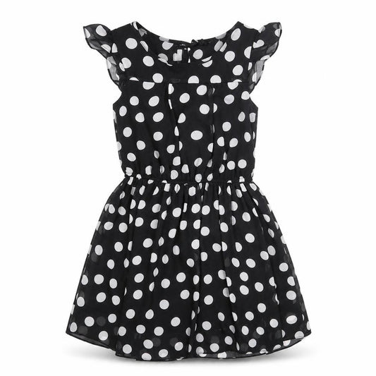 Front view of Next women’s black polka dot polyester fit & flare, size UK 8, scoop neck button
