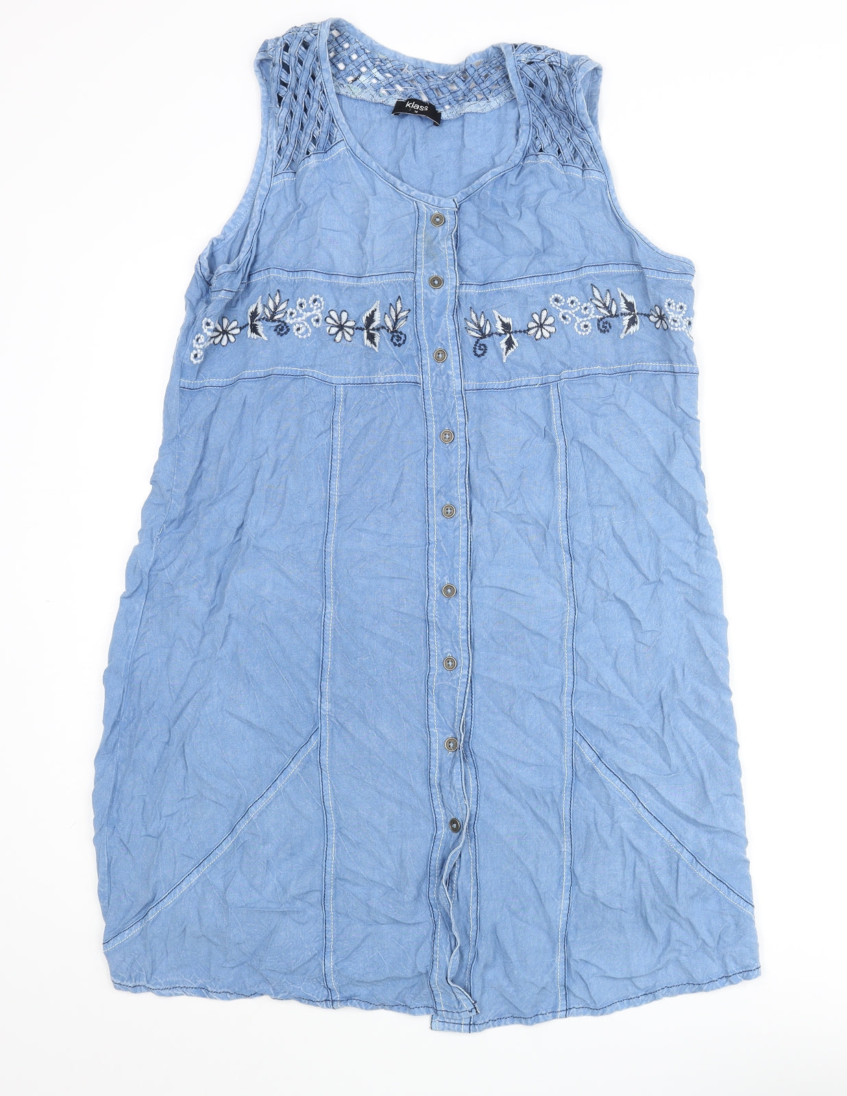 Klass Womens Blue Viscose Shift Size 14 Round Neck Button - Embroidered