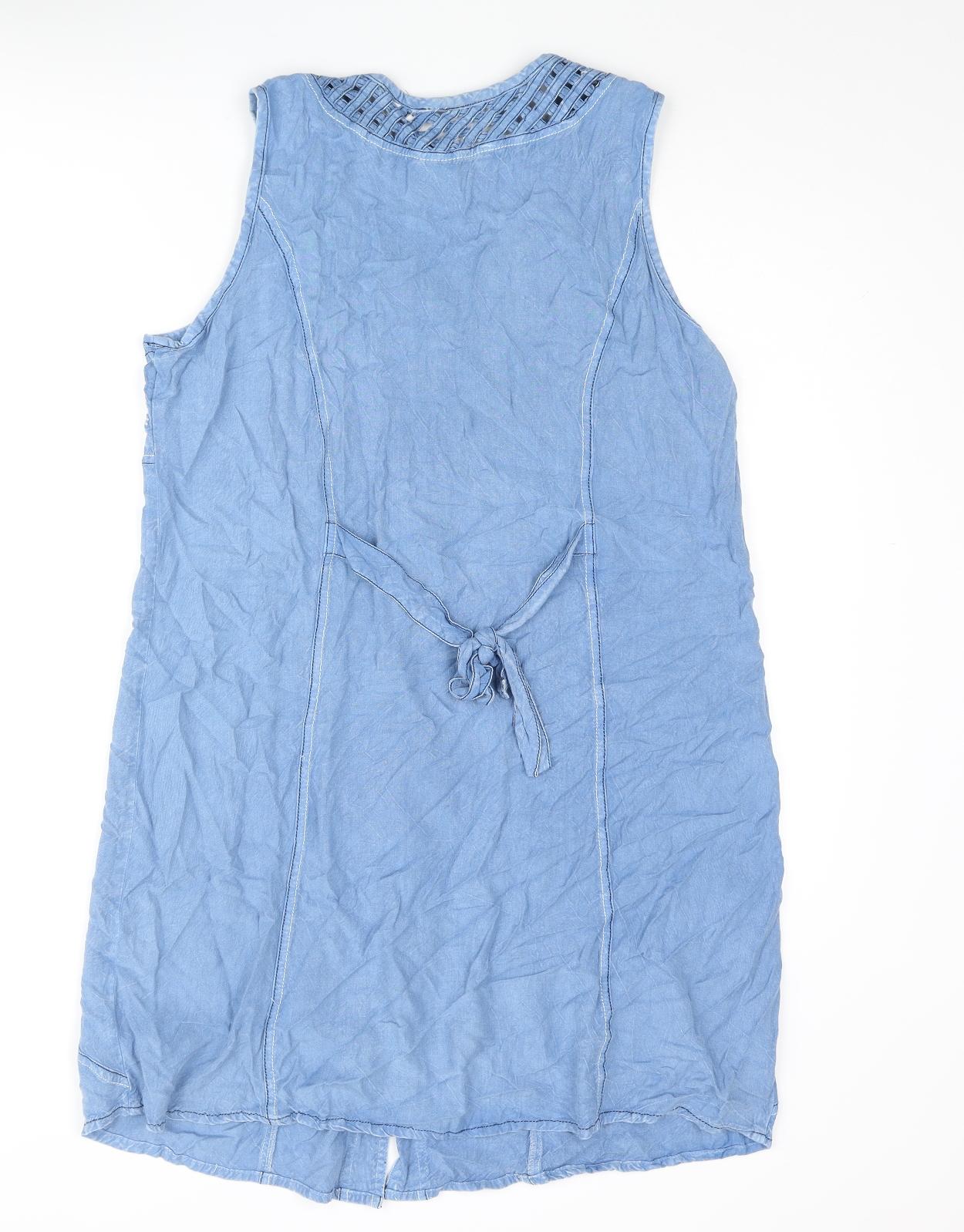 Klass Womens Blue Viscose Shift Size 14 Round Neck Button - Embroidered