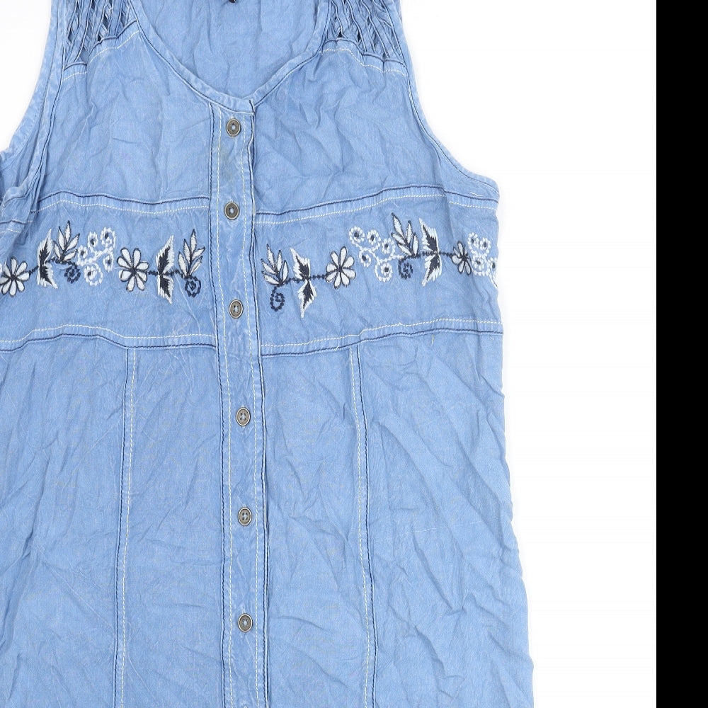 Klass Womens Blue Viscose Shift Size 14 Round Neck Button - Embroidered