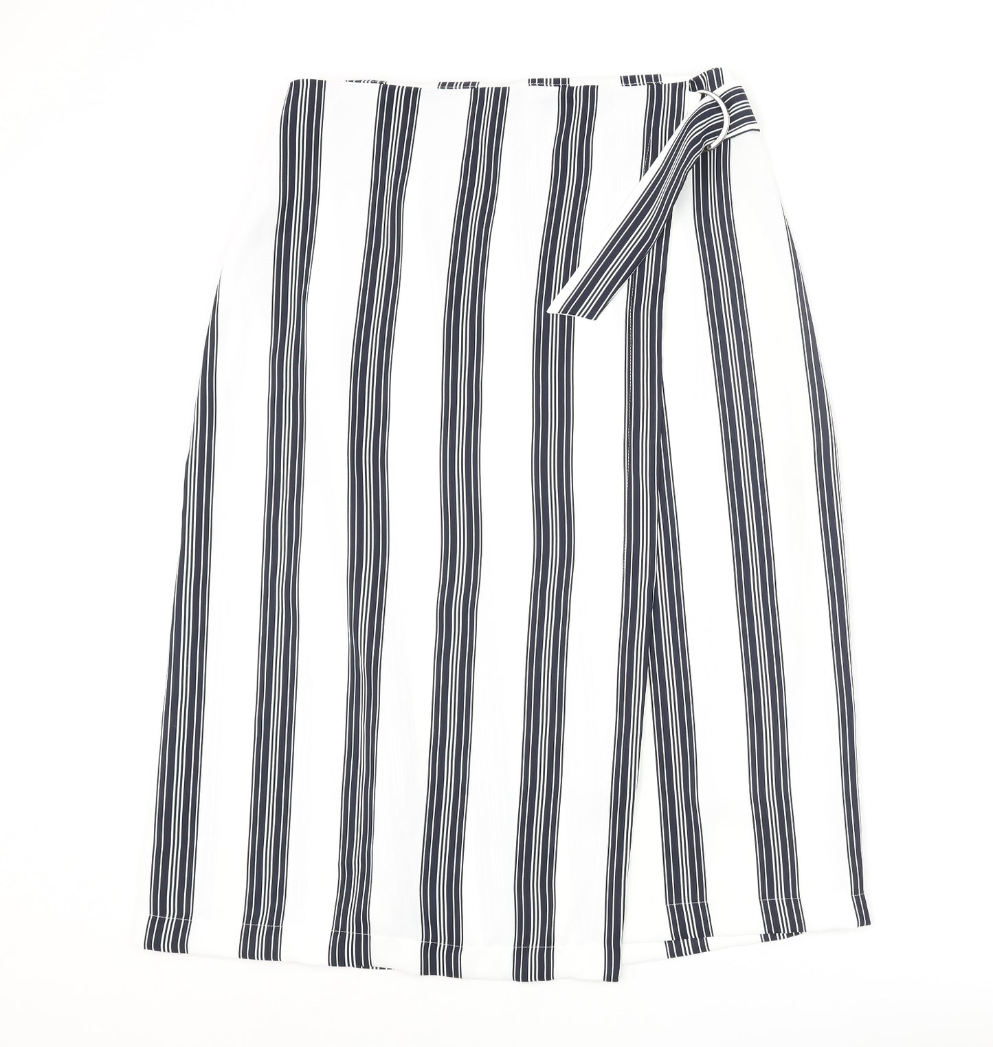 Marks and Spencer Womens White Striped Polyester Wrap Skirt Size 14 Zip - Buckle
