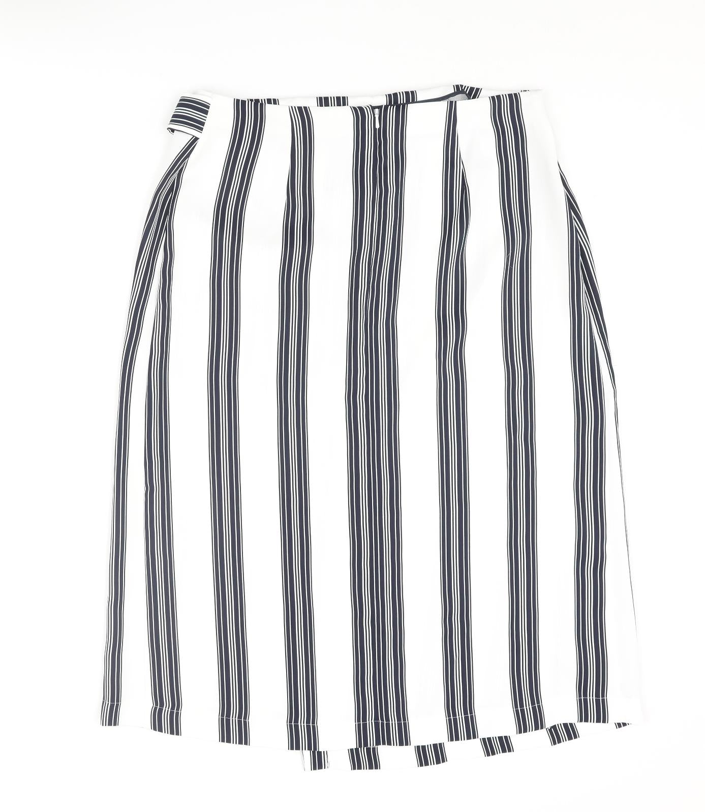 Marks and Spencer Womens White Striped Polyester Wrap Skirt Size 14 Zip - Buckle
