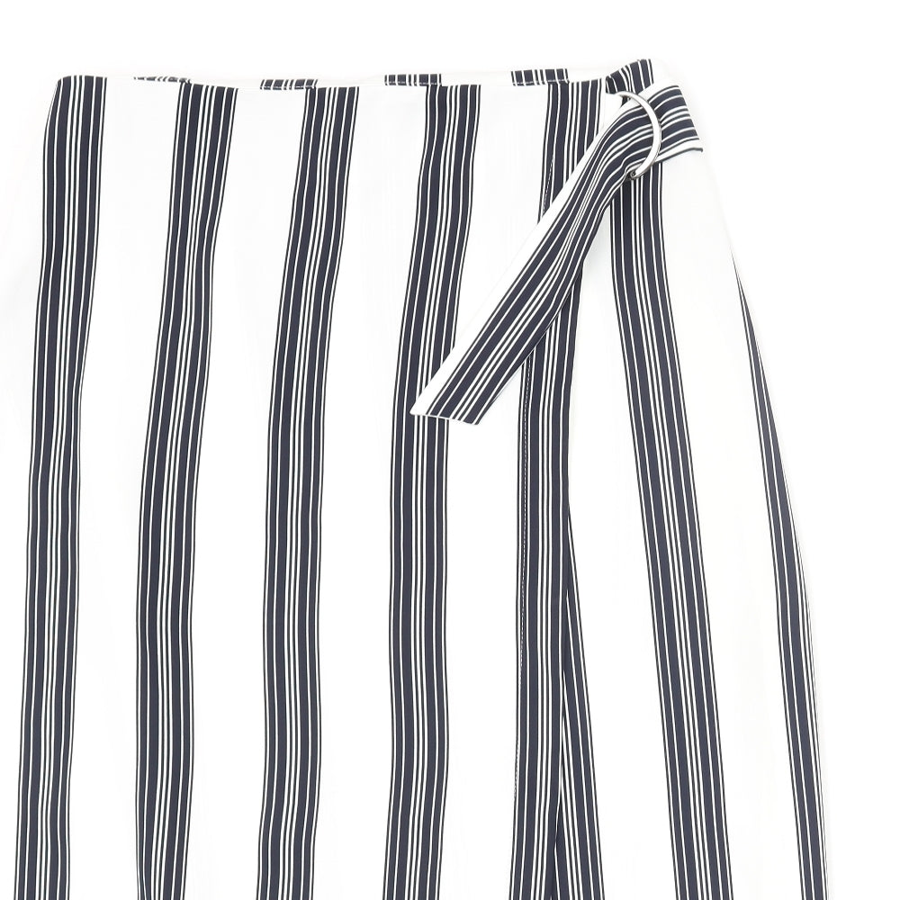 Marks and Spencer Womens White Striped Polyester Wrap Skirt Size 14 Zip - Buckle