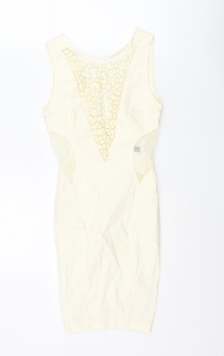 Miss Selfridge Womens Ivory Viscose Bodycon Size 4 Round Neck Zip - Rhinestone