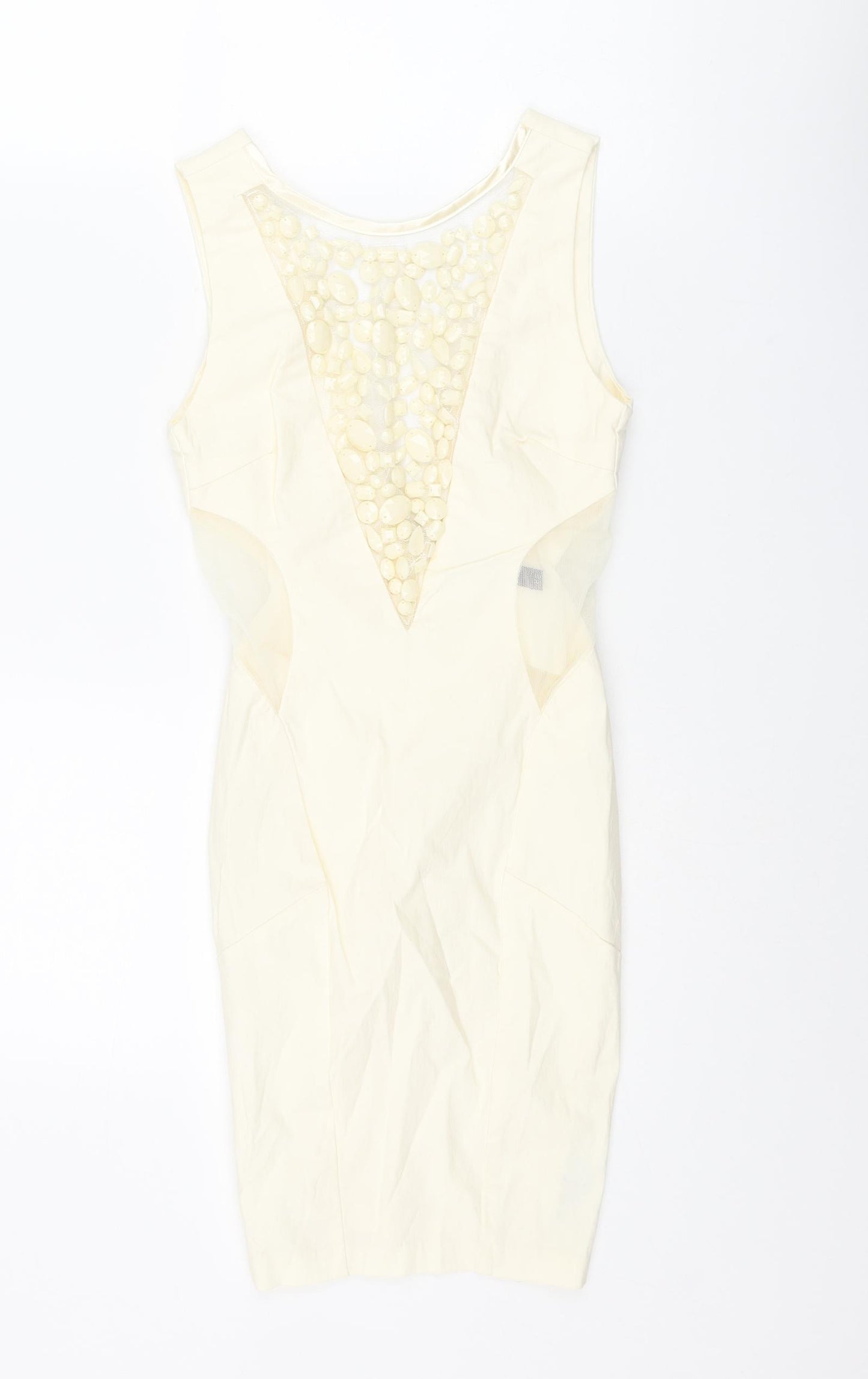 Miss Selfridge Womens Ivory Viscose Bodycon Size 4 Round Neck Zip - Rhinestone