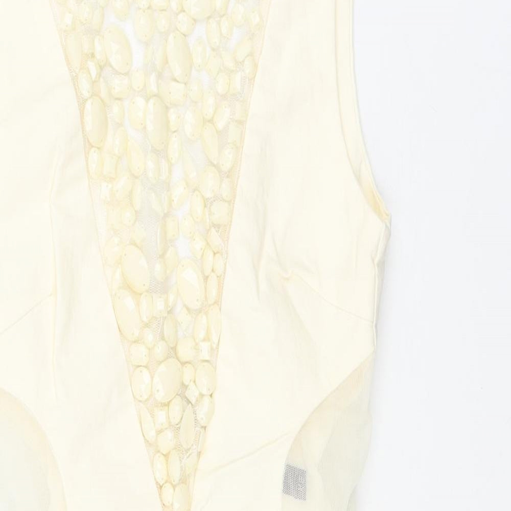 Miss Selfridge Womens Ivory Viscose Bodycon Size 4 Round Neck Zip - Rhinestone