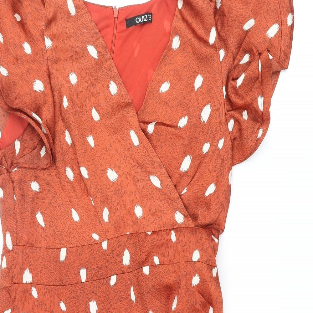Quiz Womens Orange Geometric Polyester A-Line Size 12 V-Neck Zip