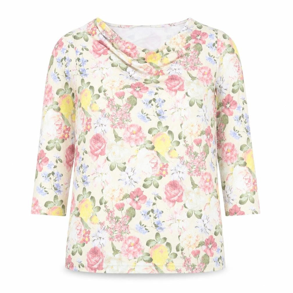 Front view of Uta Raasch women’s multicoloured floral viscose basic blouse, size UK 16, cowl neck