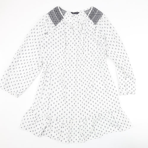 Marks and Spencer Womens White Geometric Cotton Shift Size 18 V-Neck Pullover - Embroidered