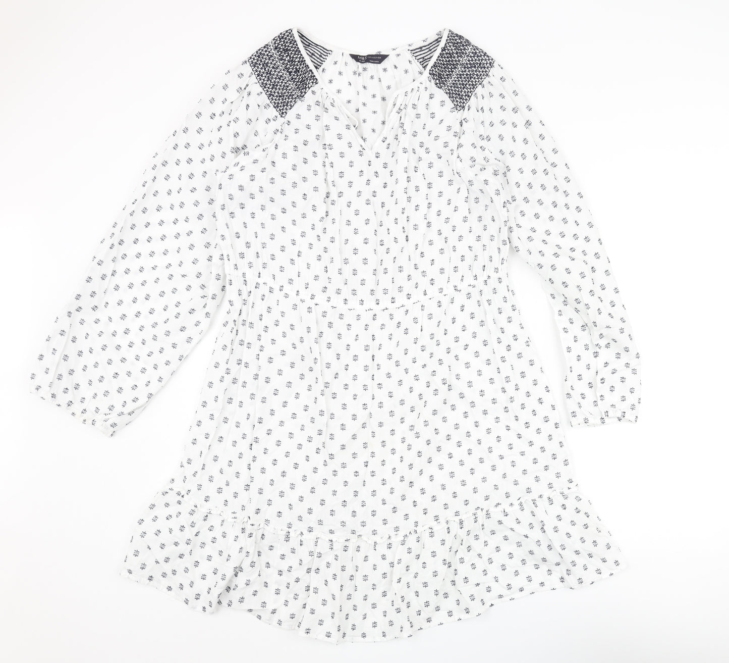 Marks and Spencer Womens White Geometric Cotton Shift Size 18 V-Neck Pullover - Embroidered