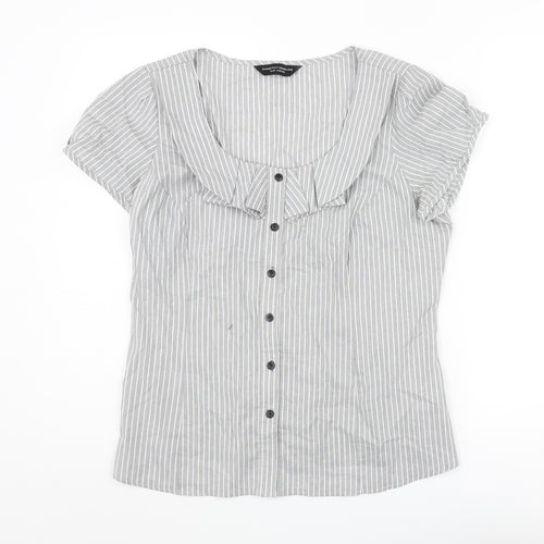 Dorothy Perkins Womens Grey Striped Cotton Basic Blouse Size 16 Scoop Neck - Frill
