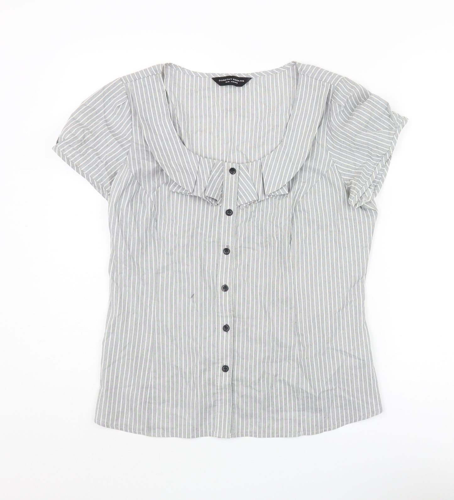 Dorothy Perkins Womens Grey Striped Cotton Basic Blouse Size 16 Scoop Neck - Frill