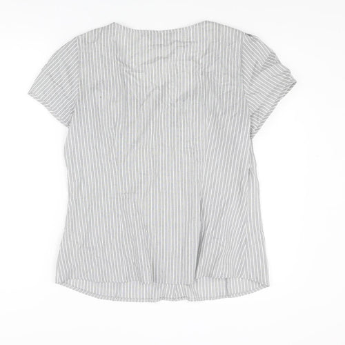 Dorothy Perkins Womens Grey Striped Cotton Basic Blouse Size 16 Scoop Neck - Frill