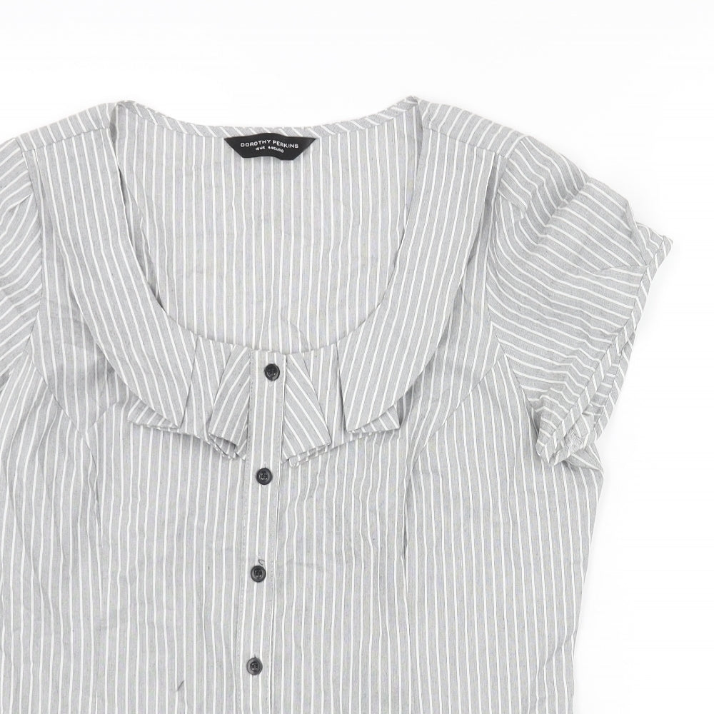Dorothy Perkins Womens Grey Striped Cotton Basic Blouse Size 16 Scoop Neck - Frill