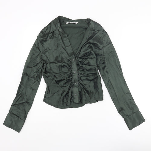 Zara Womens Green Polyester Basic Blouse Size M Collared - Rouched
