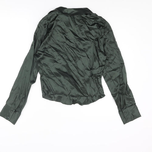 Zara Womens Green Polyester Basic Blouse Size M Collared - Rouched