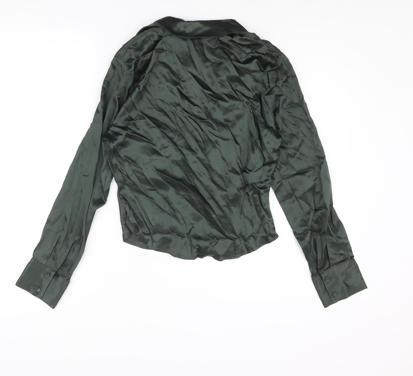 Zara Womens Green Polyester Basic Blouse Size M Collared - Rouched