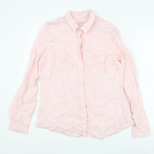 Marks and Spencer Womens Pink Striped Linen Basic Button-Up Size 14 Collared