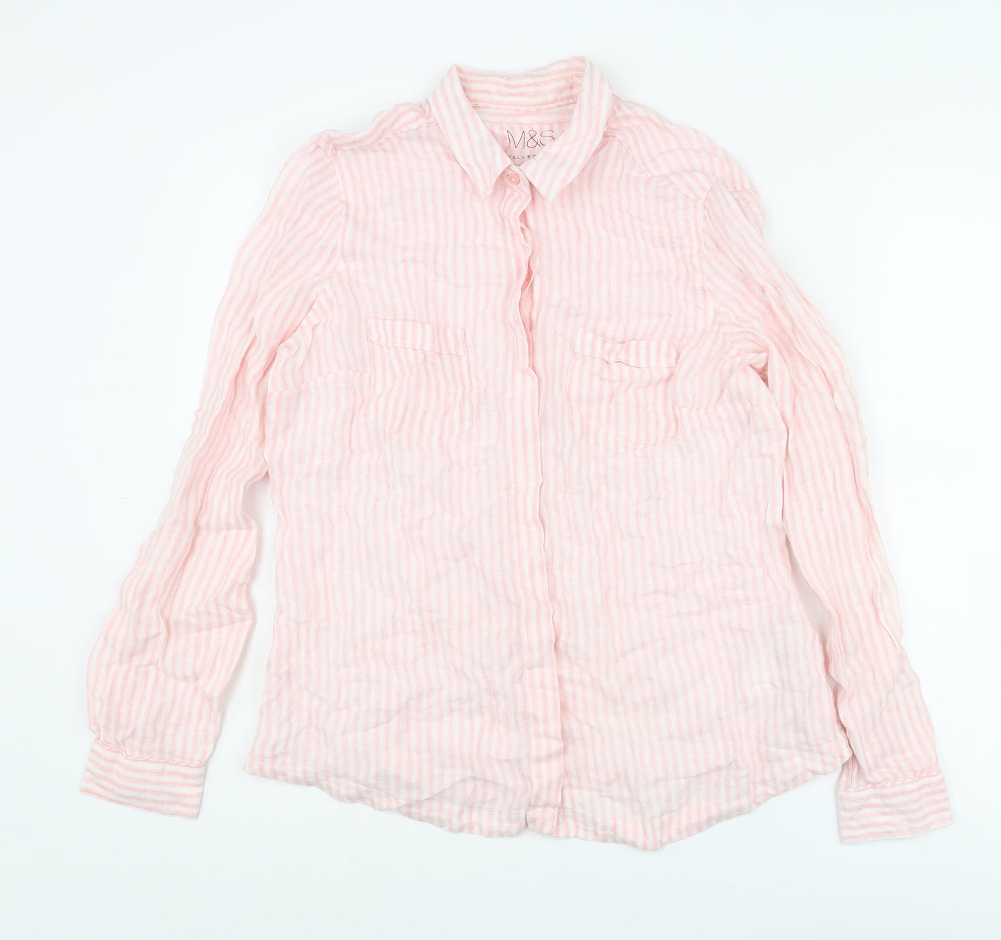 Marks and Spencer Womens Pink Striped Linen Basic Button-Up Size 14 Collared