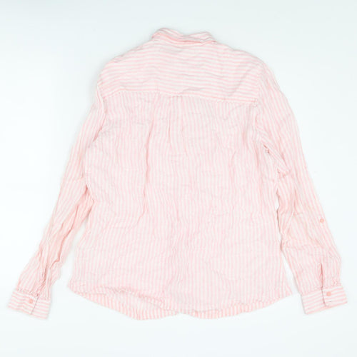 Marks and Spencer Womens Pink Striped Linen Basic Button-Up Size 14 Collared