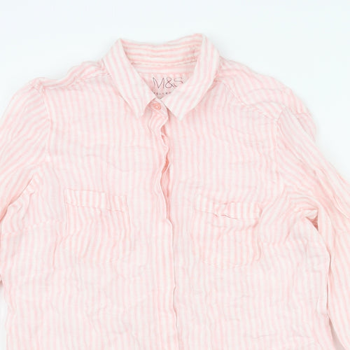 Marks and Spencer Womens Pink Striped Linen Basic Button-Up Size 14 Collared