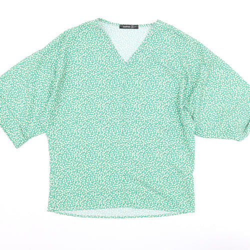 Boohoo Womens Green Floral Polyester Basic Blouse Size 6 V-Neck - Batwing