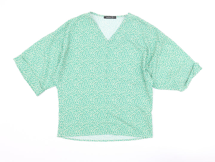 Boohoo Womens Green Floral Polyester Basic Blouse Size 6 V-Neck - Batwing