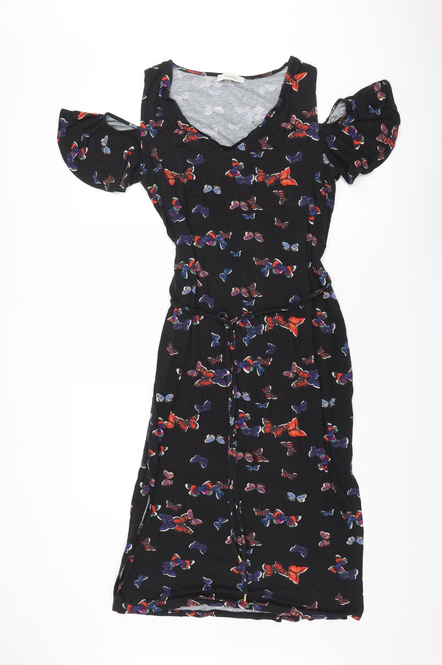 Oasis Womens Black Geometric Viscose Shift Size L V-Neck Pullover - Butterfly Print Cold Shoulder