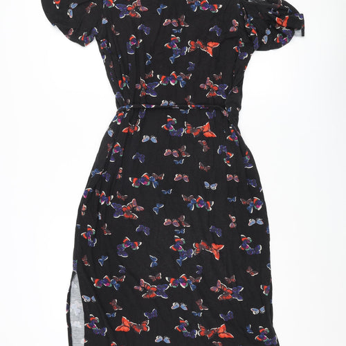 Oasis Womens Black Geometric Viscose Shift Size L V-Neck Pullover - Butterfly Print Cold Shoulder