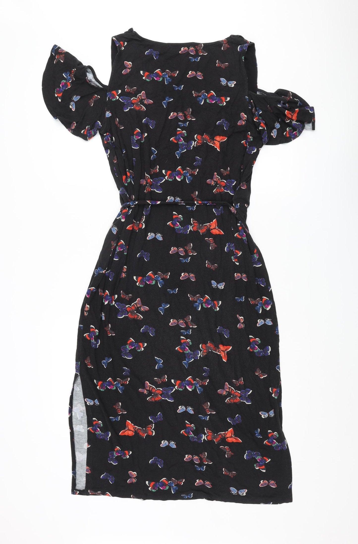 Oasis Womens Black Geometric Viscose Shift Size L V-Neck Pullover - Butterfly Print Cold Shoulder