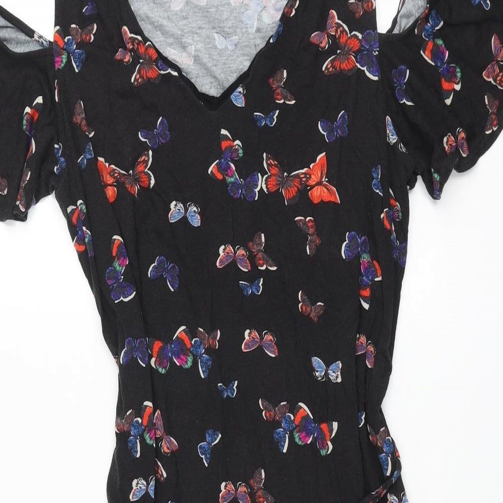 Oasis Womens Black Geometric Viscose Shift Size L V-Neck Pullover - Butterfly Print Cold Shoulder