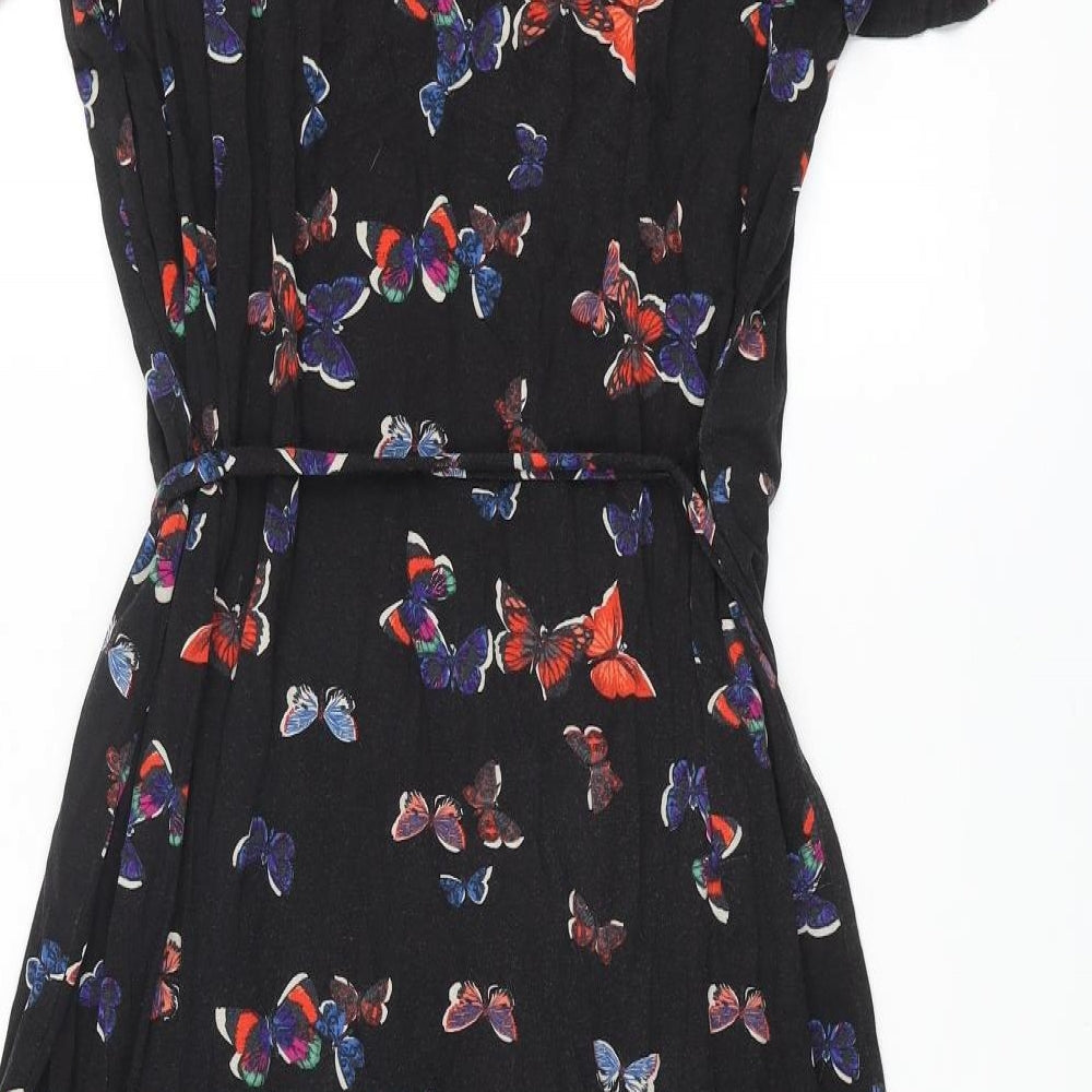 Oasis Womens Black Geometric Viscose Shift Size L V-Neck Pullover - Butterfly Print Cold Shoulder