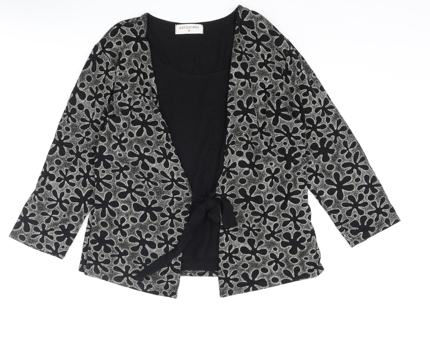 Just Elegance Womens Black Geometric Viscose Basic Blouse Size 16 Round Neck - Tie