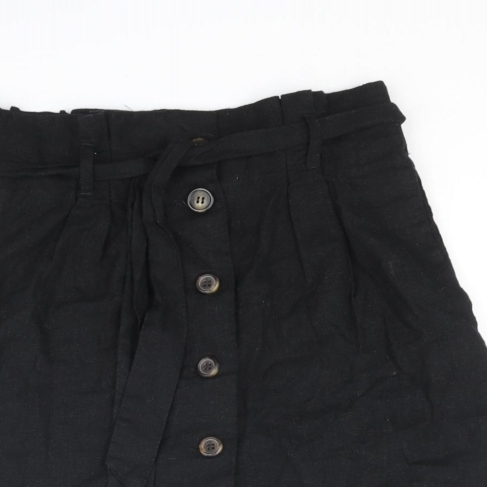 H&M Womens Black Linen A-Line Skirt Size 8 Button