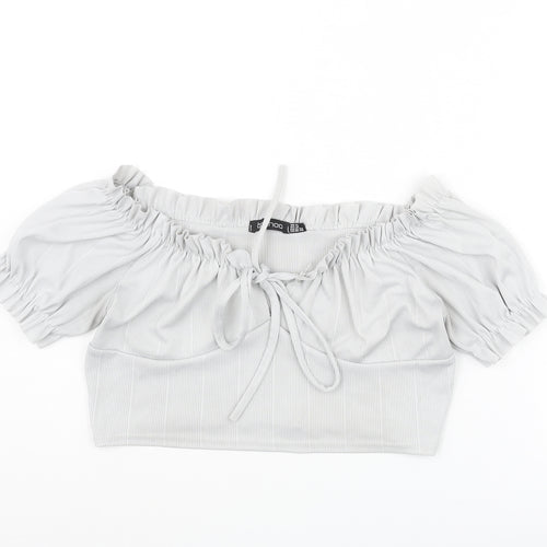 Boohoo Womens Grey Polyester Cropped Blouse Size 14 Boat Neck - Frill