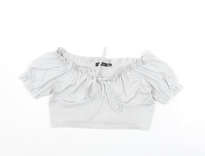 Boohoo Womens Grey Polyester Cropped Blouse Size 14 Boat Neck - Frill
