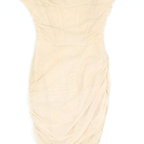 Oh Polly Womens Beige Polyester Bodycon Size 6 Cowl Neck Zip - Rouched