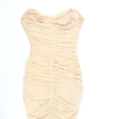 Oh Polly Womens Beige Polyester Bodycon Size 6 Cowl Neck Zip - Rouched
