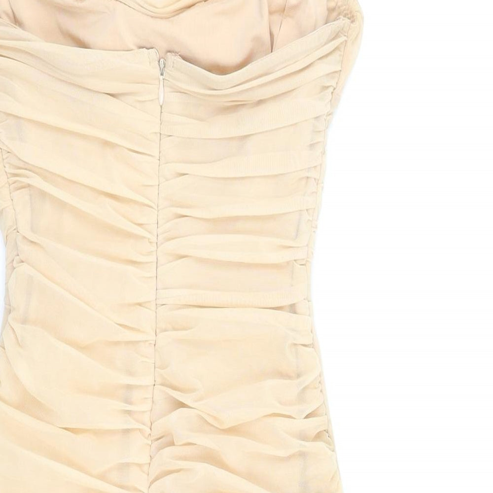 Oh Polly Womens Beige Polyester Bodycon Size 6 Cowl Neck Zip - Rouched