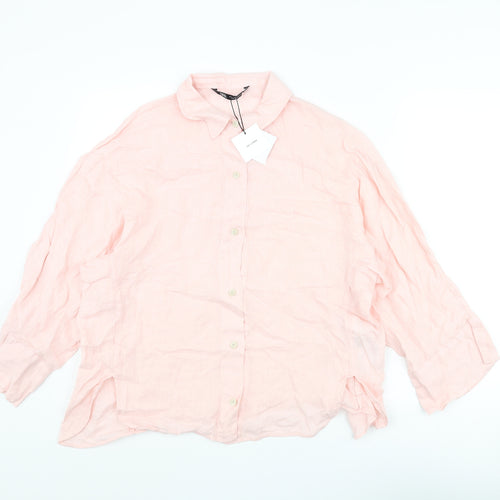 Zara Womens Pink Linen Basic Button-Up Size L Collared - Batwing