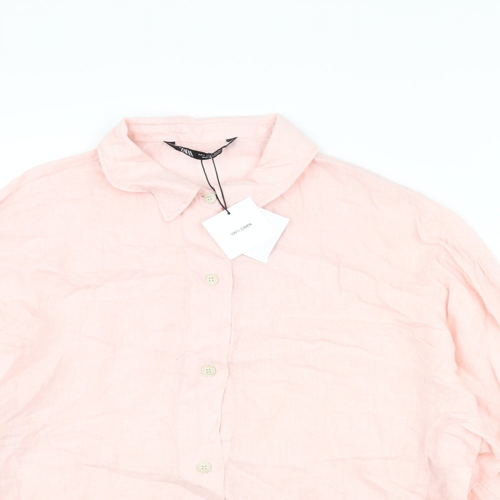 Zara Womens Pink Linen Basic Button-Up Size L Collared - Batwing