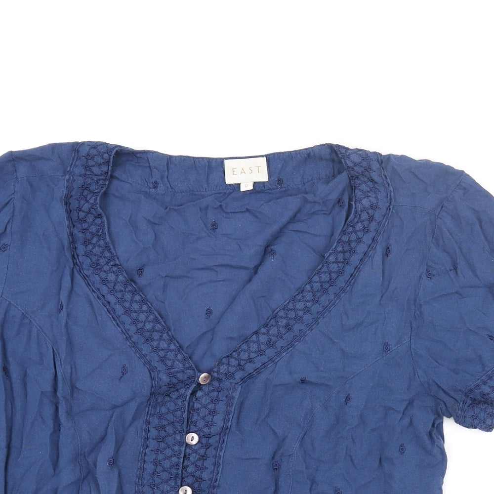 EAST Womens Blue Viscose Basic Blouse Size 12 V-Neck - Embroidered