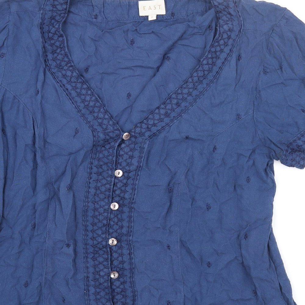 EAST Womens Blue Viscose Basic Blouse Size 12 V-Neck - Embroidered