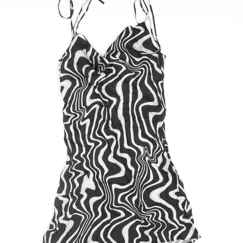Zara Womens Black Geometric Polyester Slip Dress Size S Scoop Neck Tie