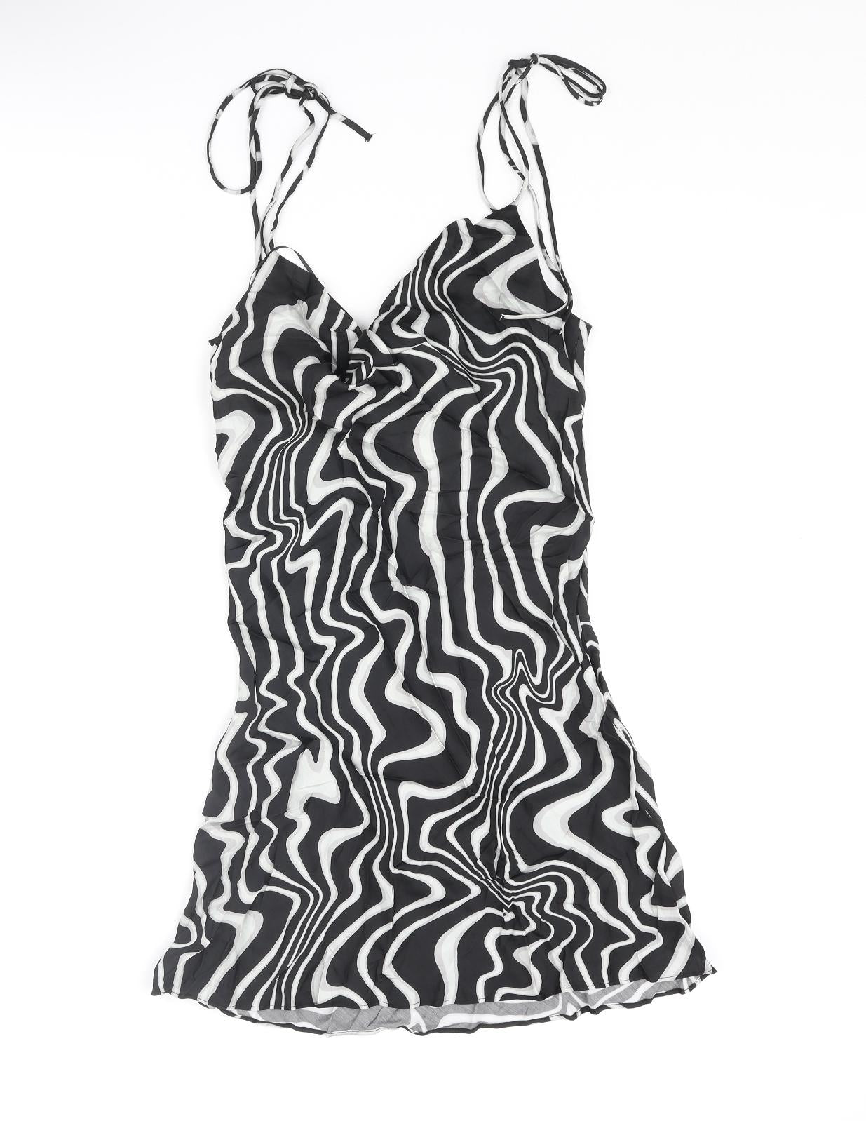Zara Womens Black Geometric Polyester Slip Dress Size S Scoop Neck Tie
